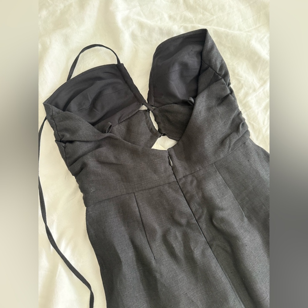 Sezane Pearl Dress Linen Black Cutout Strap Midi - Picture 10 of 10